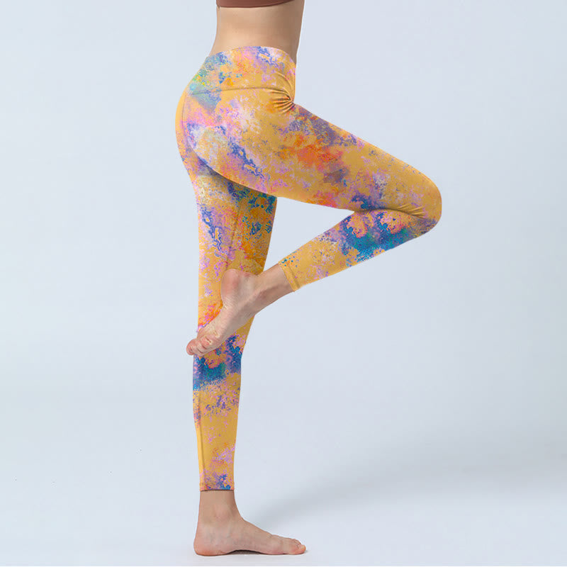 Leggings da palestra con stampa a motivo astratto acquerello giallo brillante Buddha Stones, pantaloni da yoga da donna