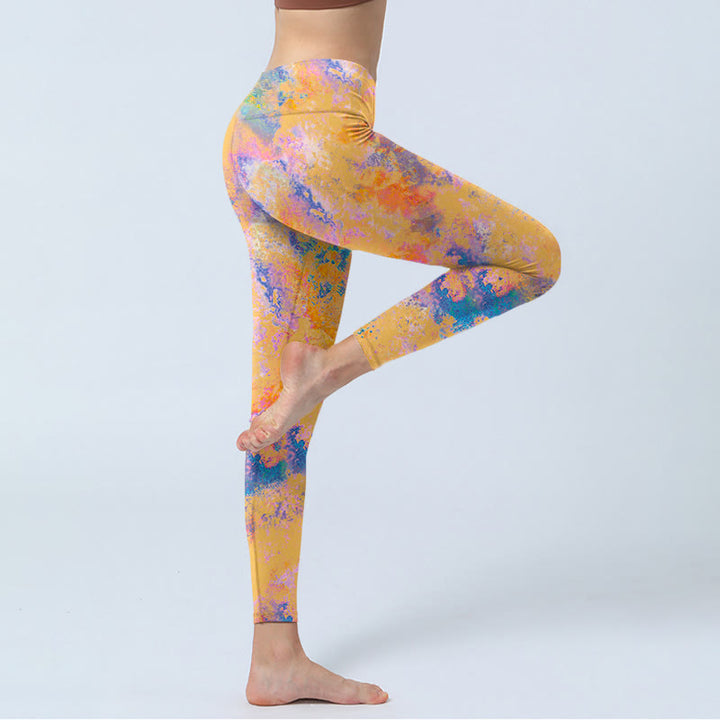 Leggings da palestra con stampa a motivo astratto acquerello giallo brillante Buddha Stones, pantaloni da yoga da donna