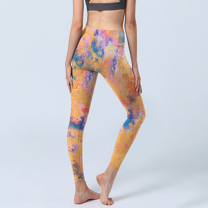 Leggings da palestra con stampa a motivo astratto acquerello giallo brillante Buddha Stones, pantaloni da yoga da donna