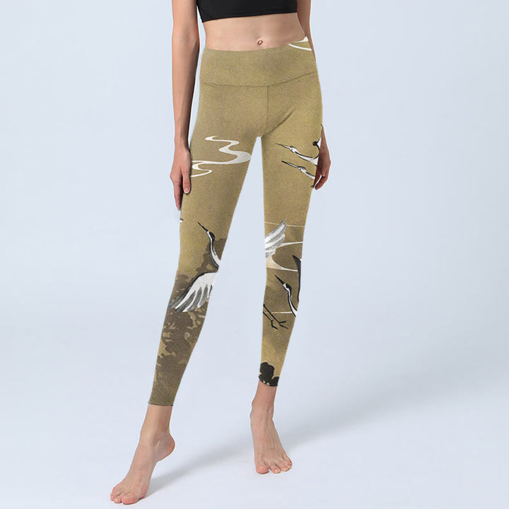 Leggings da palestra con stampa Buddha Stones Trees Cloud Red-crowned Crane Pattern Pantaloni da yoga da donna - image 5