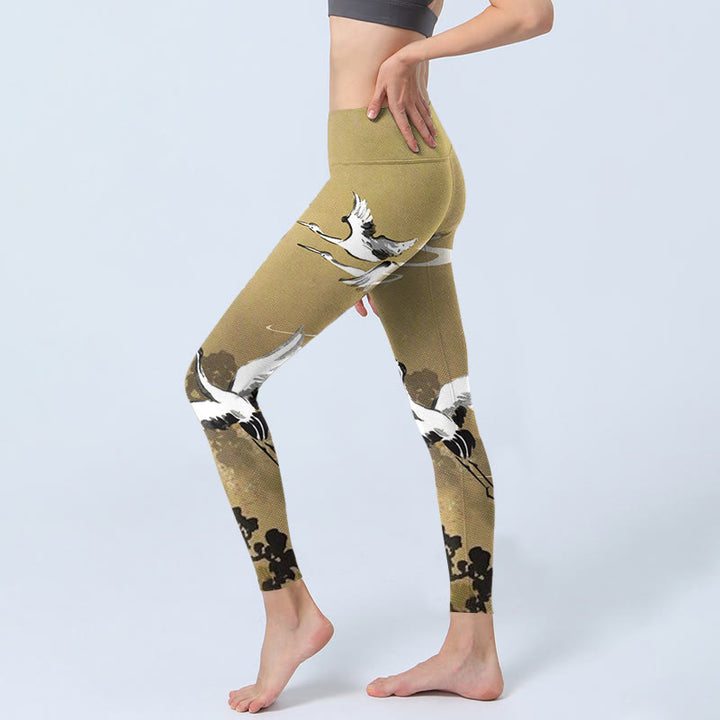 Leggings da palestra con stampa Buddha Stones Trees Cloud Red-crowned Crane Pattern Pantaloni da yoga da donna - image 3