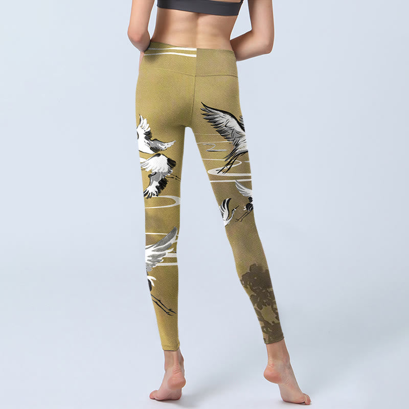 Leggings da palestra con stampa Buddha Stones Trees Cloud Red-crowned Crane Pattern Pantaloni da yoga da donna - image 6