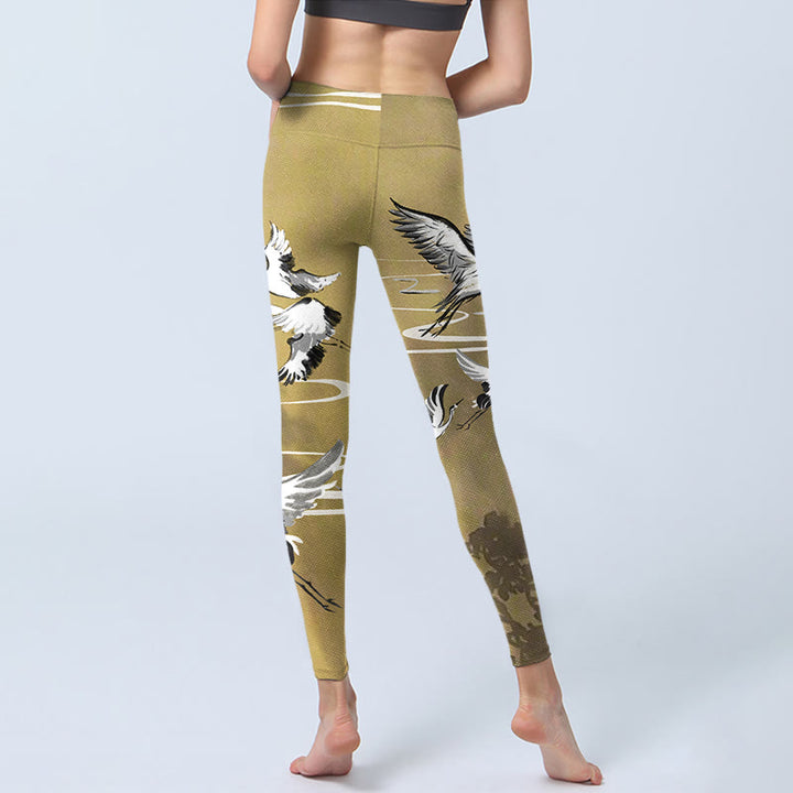 Leggings da palestra con stampa Buddha Stones Trees Cloud Red-crowned Crane Pattern Pantaloni da yoga da donna - image 6