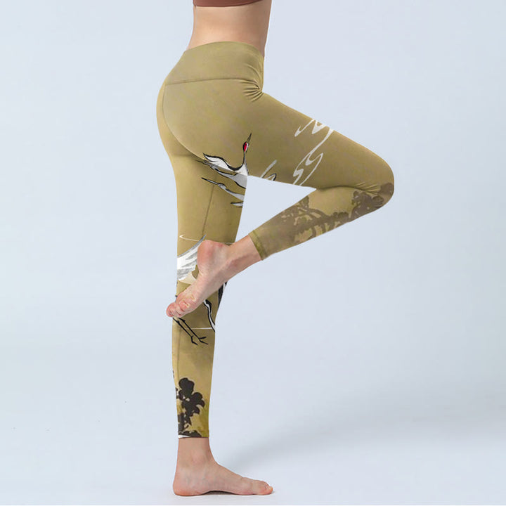 Leggings da palestra con stampa Buddha Stones Trees Cloud Red-crowned Crane Pattern Pantaloni da yoga da donna - image 4