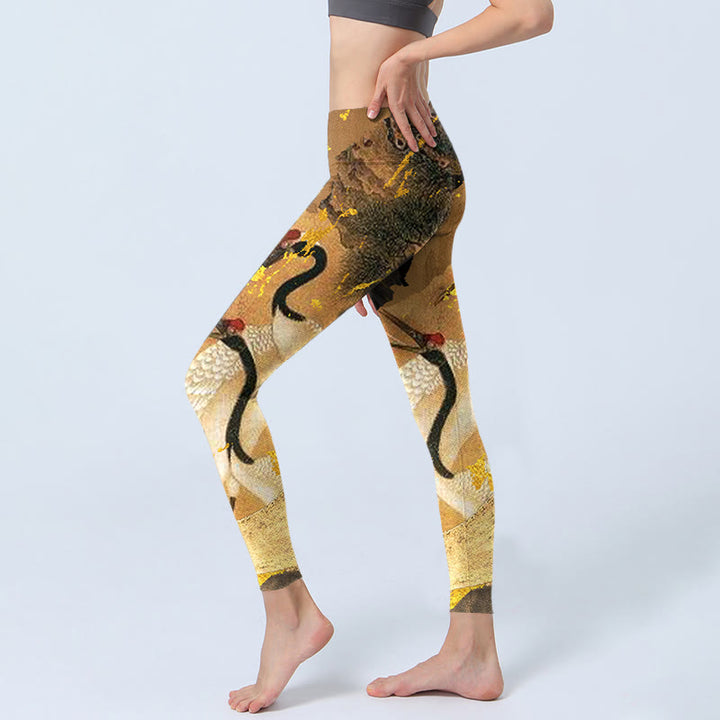 Leggings da palestra con stampa a motivo Buddha Stones Rock Pine Tree e gru coronata rossa, pantaloni da yoga da donna