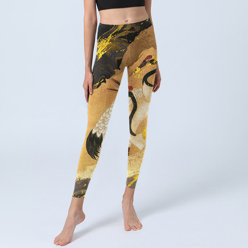 Leggings da palestra con stampa a motivo Buddha Stones Rock Pine Tree e gru coronata rossa, pantaloni da yoga da donna