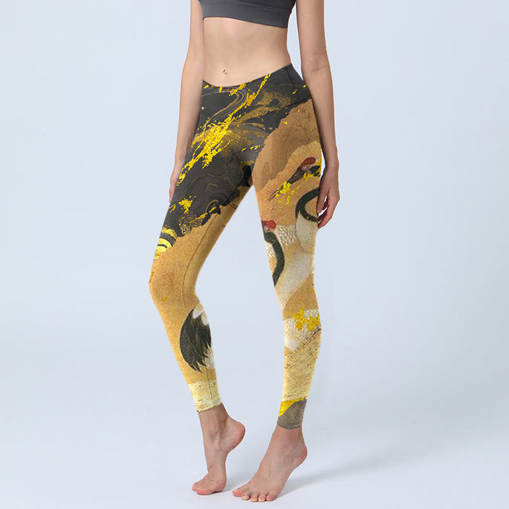 Leggings da palestra con stampa a motivo Buddha Stones Rock Pine Tree e gru coronata rossa, pantaloni da yoga da donna