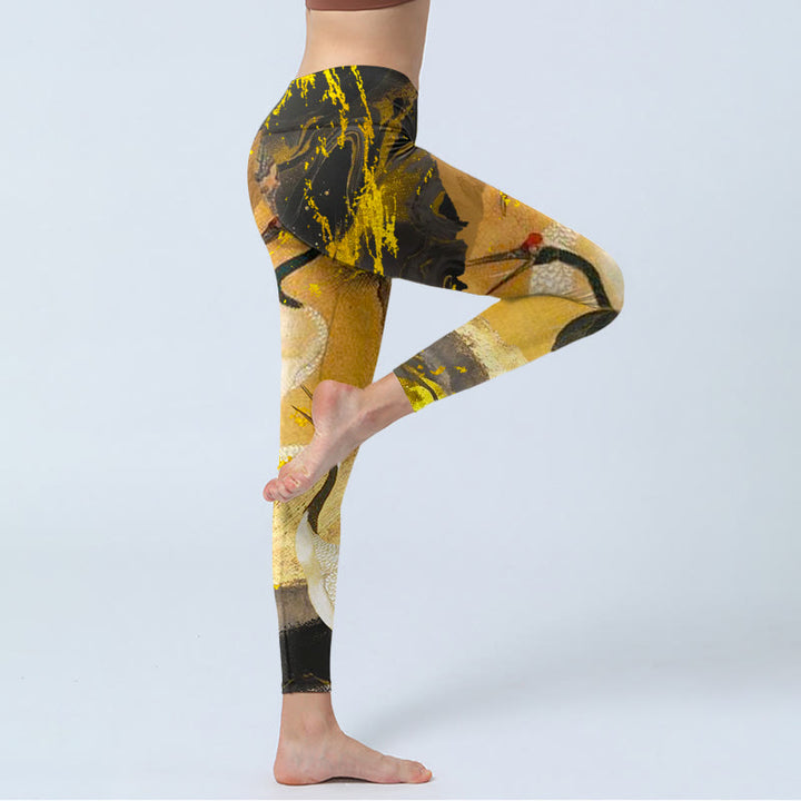 Leggings da palestra con stampa a motivo Buddha Stones Rock Pine Tree e gru coronata rossa, pantaloni da yoga da donna