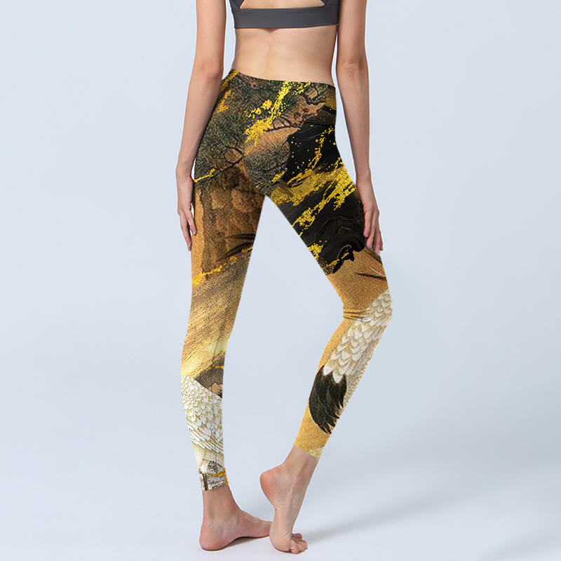 Leggings da palestra con stampa a motivo Buddha Stones Rock Pine Tree e gru coronata rossa, pantaloni da yoga da donna