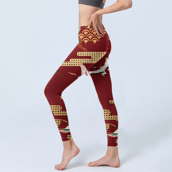 Leggings da palestra con stampa a motivo di nuvole e gru coronata rossa Buddha Stones, pantaloni da yoga da donna