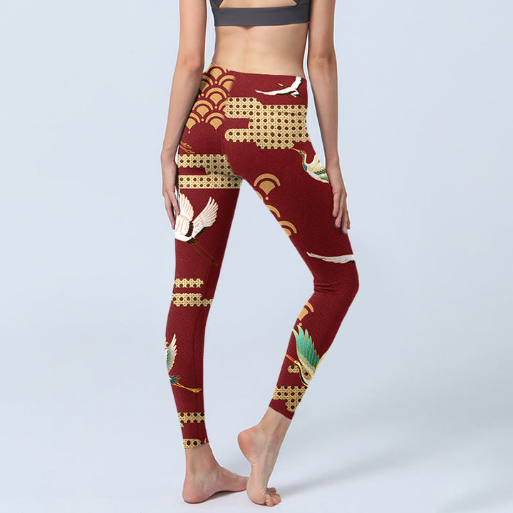 Leggings da palestra con stampa a motivo di nuvole e gru coronata rossa Buddha Stones, pantaloni da yoga da donna - image 4