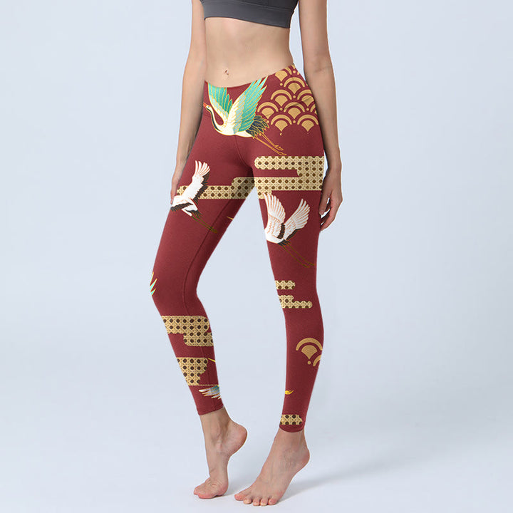 Leggings da palestra con stampa a motivo di nuvole e gru coronata rossa Buddha Stones, pantaloni da yoga da donna