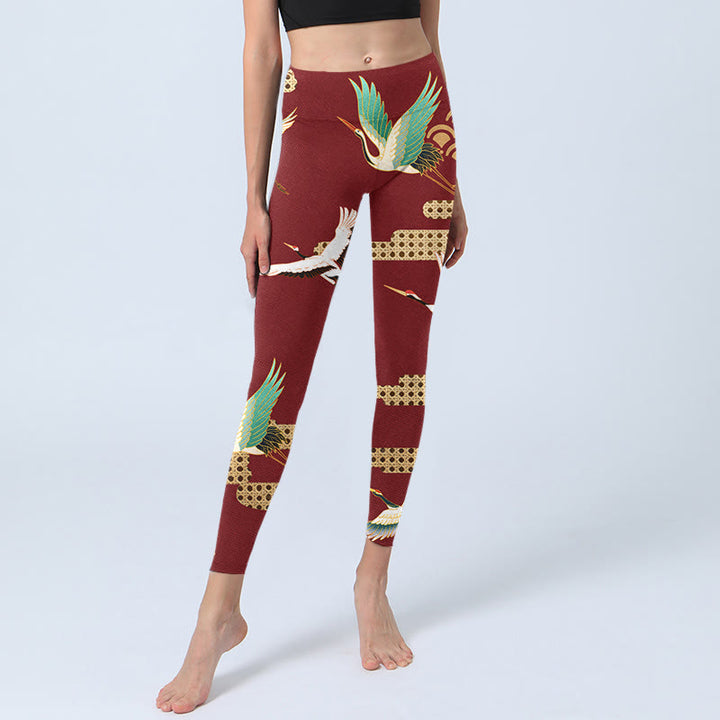 Leggings da palestra con stampa a motivo di nuvole e gru coronata rossa Buddha Stones, pantaloni da yoga da donna