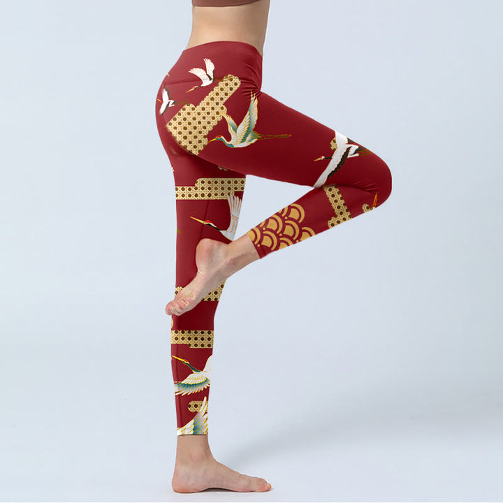 Leggings da palestra con stampa a motivo di nuvole e gru coronata rossa Buddha Stones, pantaloni da yoga da donna