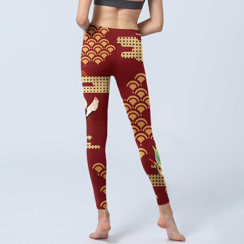 Leggings da palestra con stampa a motivo di nuvole e gru coronata rossa Buddha Stones, pantaloni da yoga da donna