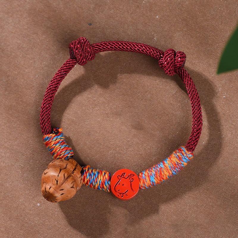 Braccialetto della fortuna fatto a mano con Buddha Stones, zodiaco cinese, filo rosso, nocciolo di pesca, cinabro