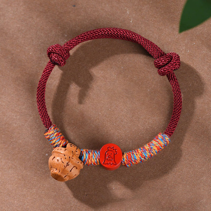 Braccialetto della fortuna fatto a mano con Buddha Stones, zodiaco cinese, filo rosso, nocciolo di pesca, cinabro
