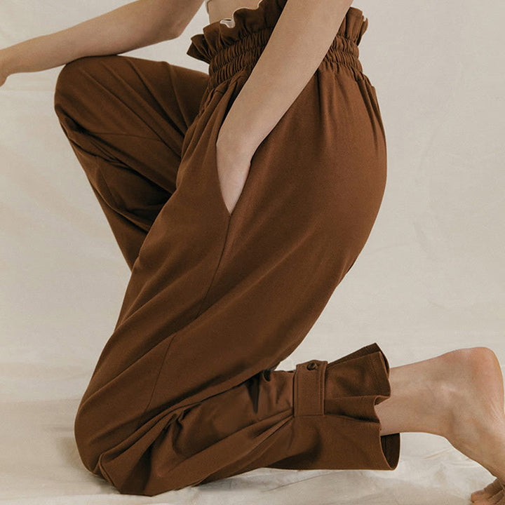 Pantaloni larghi casuali in spandex con fibbia Buddha Stones da donna con tasche - image 6