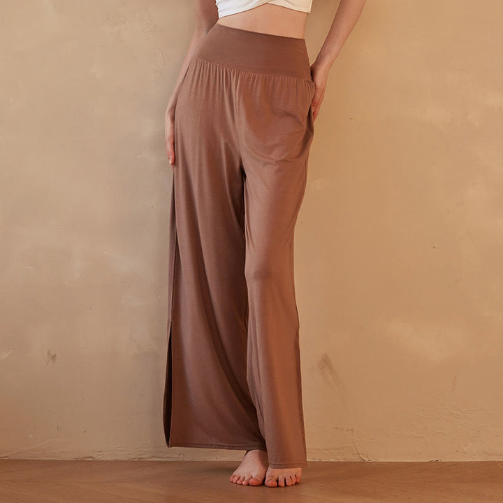 Pantaloni larghi da donna in cotone elasticizzato con vita alta e tinta unita casual Buddha Stones