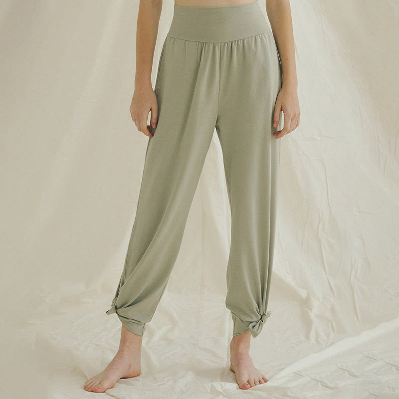 Pantaloni Leica da donna con tasche, casual, larghi, con orlo annodato, semplici, a vita alta, Buddha Stones - Verde chiaro - US4, UK/AU8, EU36 (L) - image 1