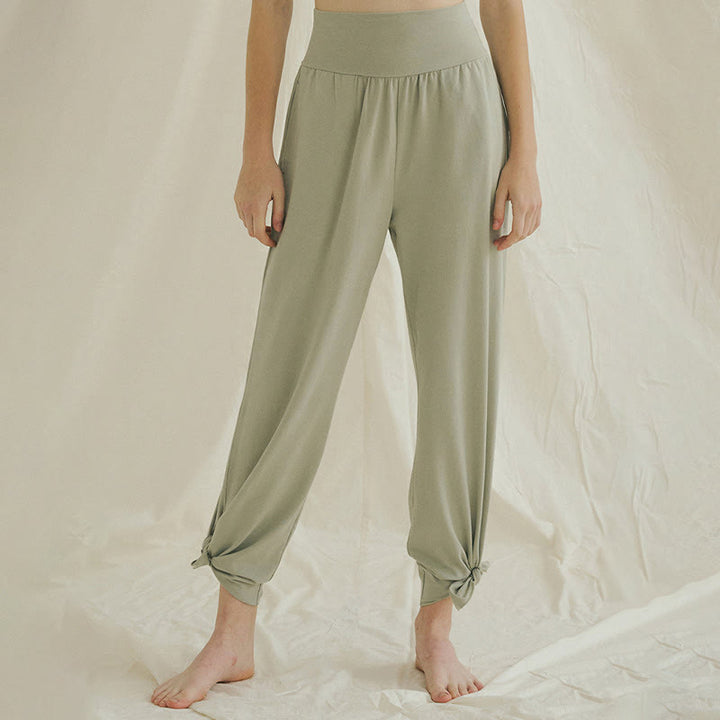 Pantaloni Leica da donna con tasche, casual, larghi, con orlo annodato, semplici, a vita alta, Buddha Stones - Verde chiaro - US4, UK/AU8, EU36 (L) - image 1