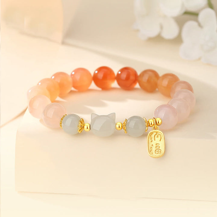 Braccialetto di fiducia in argento sterling 925 con agata rossa e giada Hetian, carattere Cat Fu, Buddha Stones - Agata rossa (circonferenza del polso: 15-17 cm) - image 1