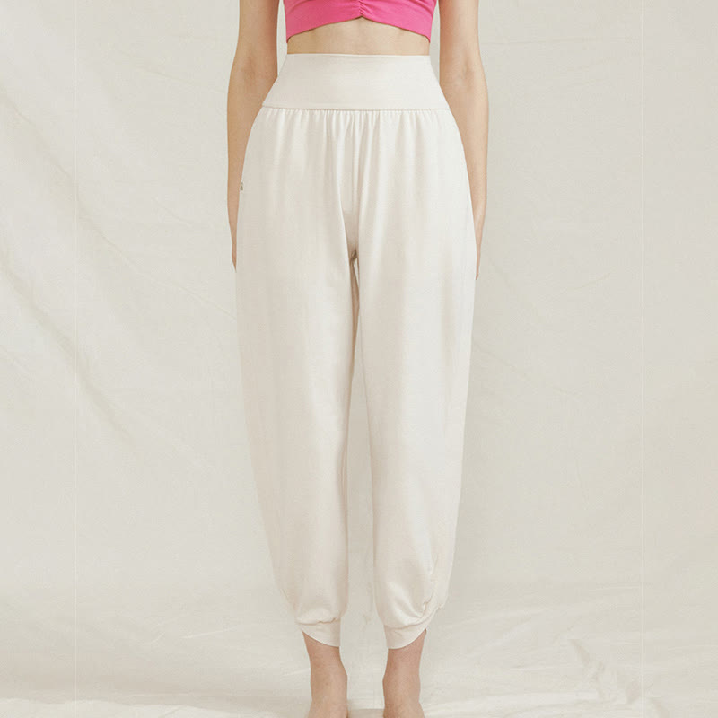 Pantaloni da donna in cotone a vita alta, casual, tinta unita, con pieghe laterali, ad asciugatura rapida, con tasche, Buddha Stones - image 1