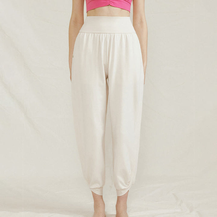 Pantaloni da donna in cotone a vita alta, casual, tinta unita, con pieghe laterali, ad asciugatura rapida, con tasche, Buddha Stones - image 1