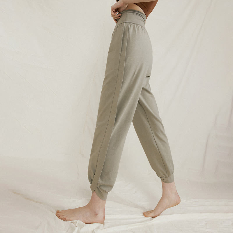 Pantaloni da donna in cotone a vita alta, casual, tinta unita, con pieghe laterali, ad asciugatura rapida, con tasche, Buddha Stones - image 8