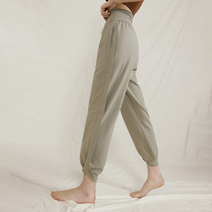Pantaloni da donna in cotone a vita alta, casual, tinta unita, con pieghe laterali, ad asciugatura rapida, con tasche, Buddha Stones - image 8