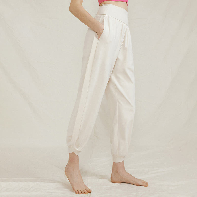 Pantaloni da donna in cotone a vita alta, casual, tinta unita, con pieghe laterali, ad asciugatura rapida, con tasche, Buddha Stones - Avorio - US4, UK/AU8, EU36 (L) - image 0