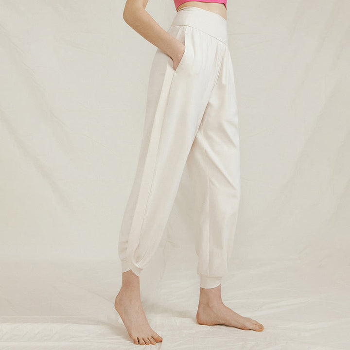 Pantaloni da donna in cotone a vita alta, casual, tinta unita, con pieghe laterali, ad asciugatura rapida, con tasche, Buddha Stones - Avorio - US4, UK/AU8, EU36 (L) - image 0