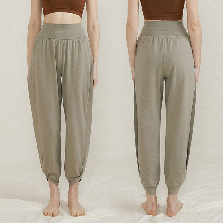 Pantaloni da donna in cotone a vita alta, casual, tinta unita, con pieghe laterali, ad asciugatura rapida, con tasche, Buddha Stones - image 6