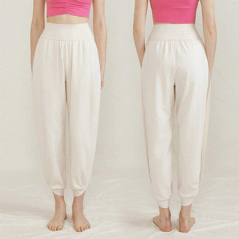 Pantaloni da donna in cotone a vita alta, casual, tinta unita, con pieghe laterali, ad asciugatura rapida, con tasche, Buddha Stones - image 3