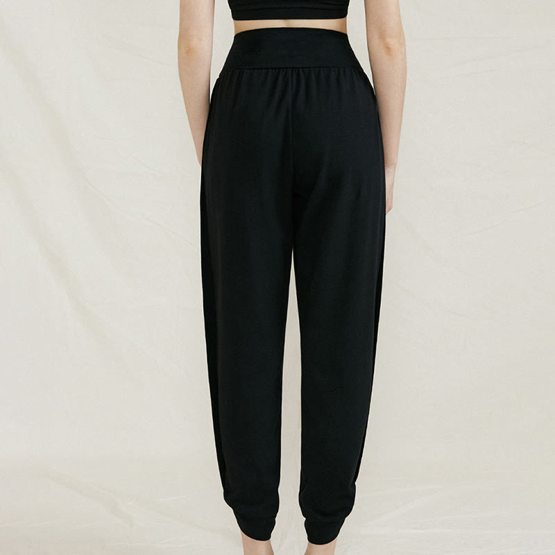 Pantaloni da donna in cotone a vita alta, casual, tinta unita, con pieghe laterali, ad asciugatura rapida, con tasche, Buddha Stones - Nero - US4, UK/AU8, EU36 (L) - image 13