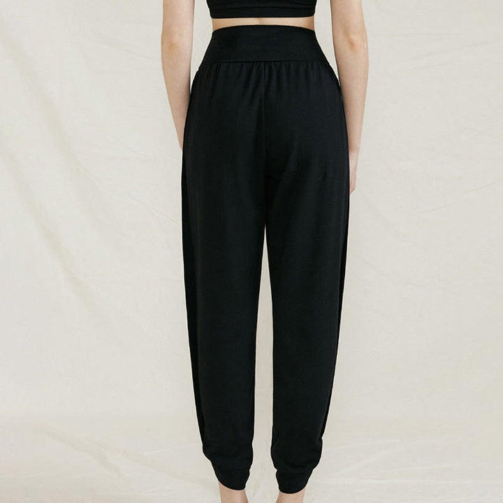 Pantaloni da donna in cotone a vita alta, casual, tinta unita, con pieghe laterali, ad asciugatura rapida, con tasche, Buddha Stones - Nero - US4, UK/AU8, EU36 (L) - image 14