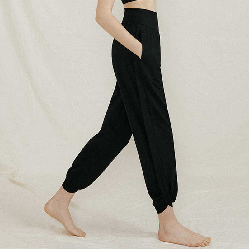 Pantaloni da donna in cotone a vita alta, casual, tinta unita, con pieghe laterali, ad asciugatura rapida, con tasche, Buddha Stones - image 16