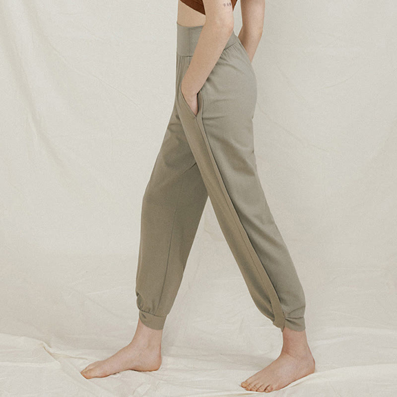 Pantaloni da donna in cotone a vita alta, casual, tinta unita, con pieghe laterali, ad asciugatura rapida, con tasche, Buddha Stones - image 12