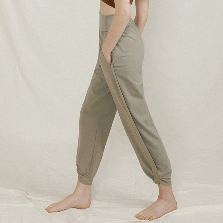 Pantaloni da donna in cotone a vita alta, casual, tinta unita, con pieghe laterali, ad asciugatura rapida, con tasche, Buddha Stones - image 11