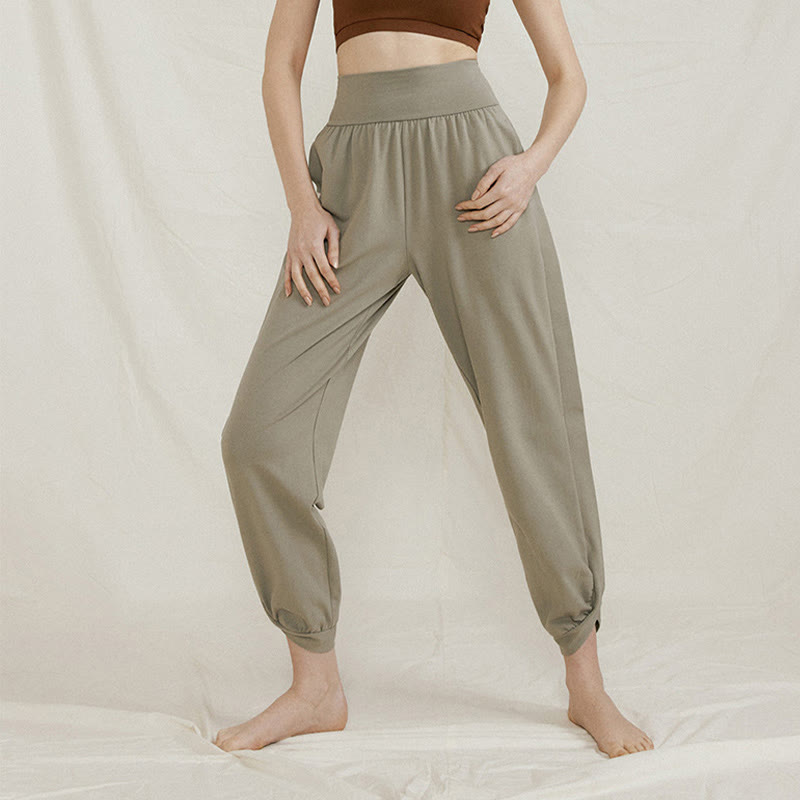 Pantaloni da donna in cotone a vita alta, casual, tinta unita, con pieghe laterali, ad asciugatura rapida, con tasche, Buddha Stones - DarkSeaGreen - US4, UK/AU8, EU36 (L) - image 6