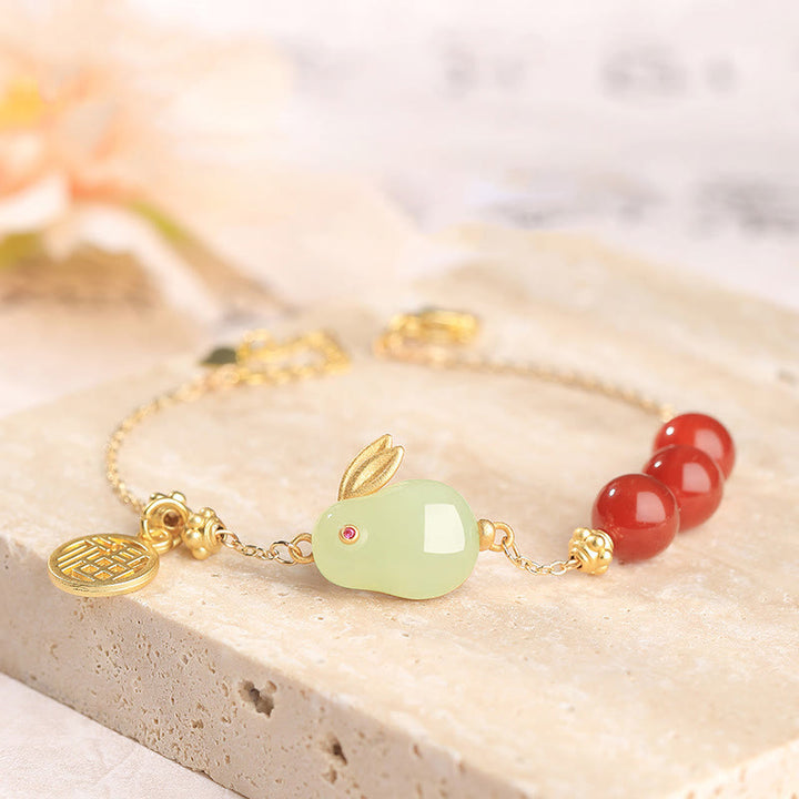 Braccialetto a catena con fibbia portafortuna, carattere Fu, coniglio, giada Hetian , Buddha Stones , agata rossa, perline