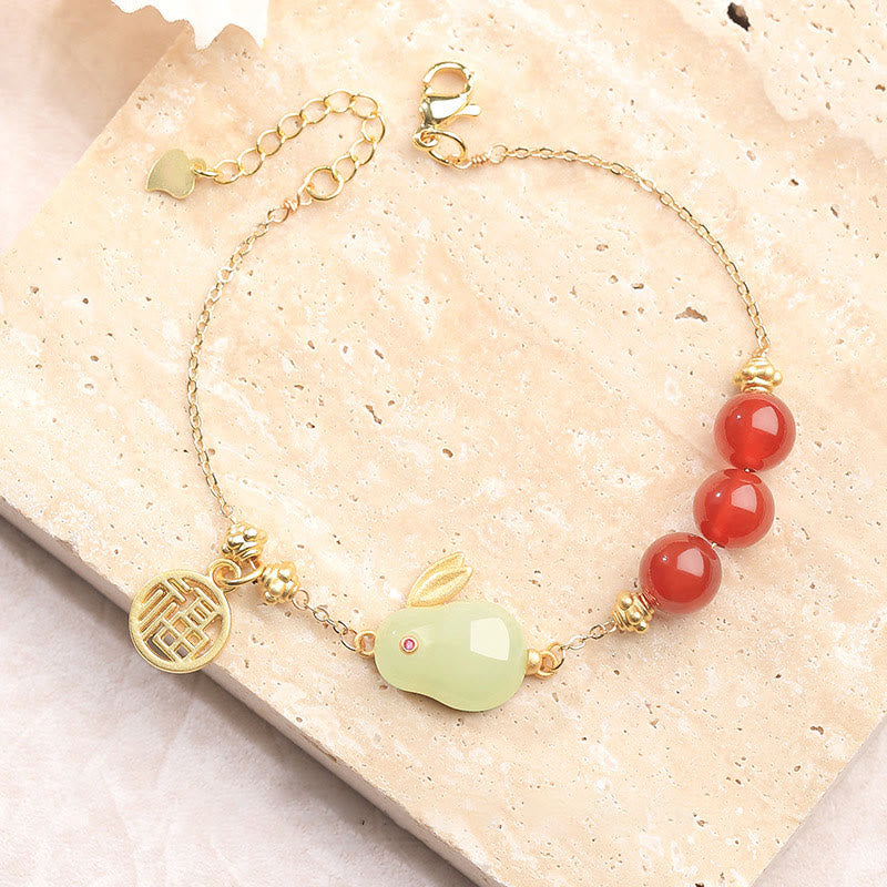 Braccialetto a catena con fibbia portafortuna, carattere Fu, coniglio, giada Hetian , Buddha Stones , agata rossa, perline
