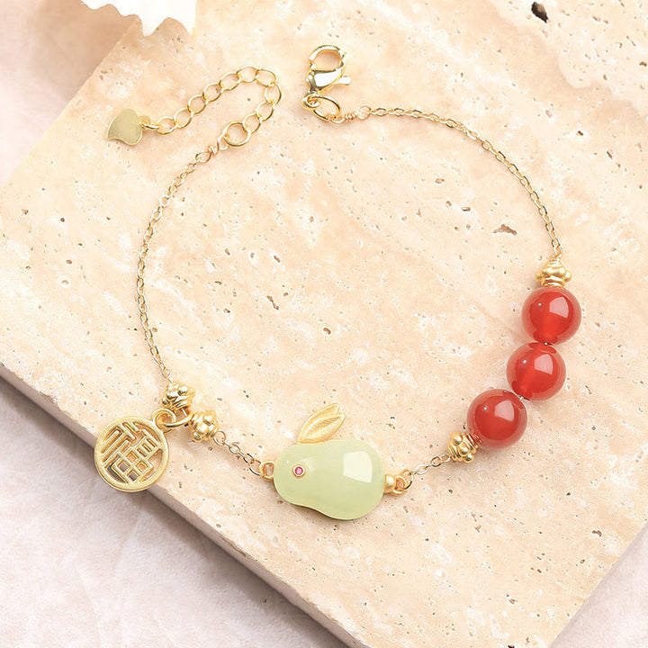 Braccialetto a catena con fibbia portafortuna, carattere Fu, coniglio, giada Hetian , Buddha Stones , agata rossa, perline