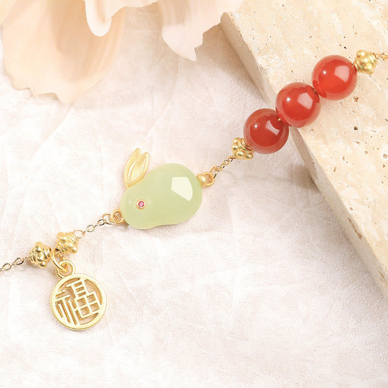 Braccialetto a catena con fibbia portafortuna, carattere Fu, coniglio, giada Hetian , Buddha Stones , agata rossa, perline