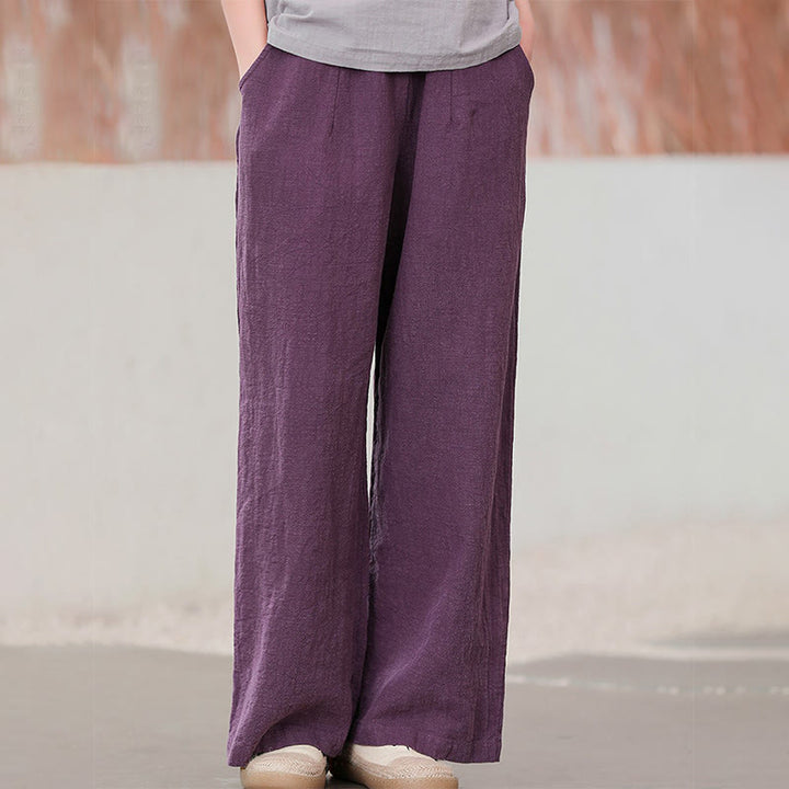 Pantaloni larghi a gamba dritta casual semplici Buddha Stones da donna in cotone ramiè con tasche