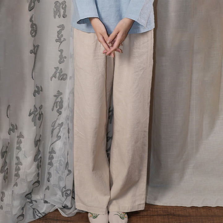 Pantaloni larghi a gamba dritta casual semplici Buddha Stones da donna in cotone ramiè con tasche