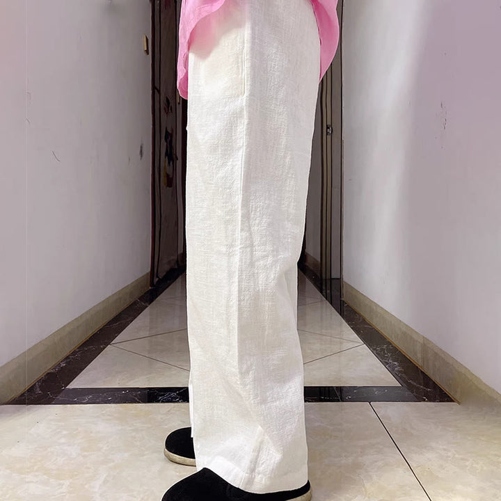 Pantaloni larghi a gamba dritta casual semplici Buddha Stones da donna in cotone ramiè con tasche