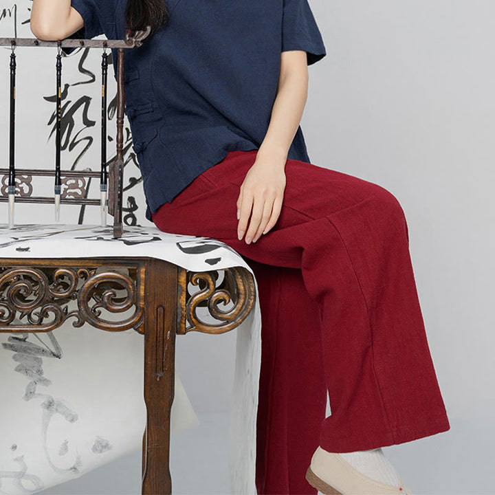 Pantaloni larghi a gamba dritta casual semplici Buddha Stones da donna in cotone ramiè con tasche