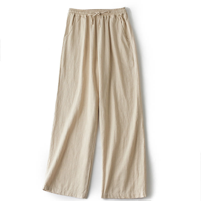 Pantaloni larghi a gamba dritta casual semplici Buddha Stones da donna in cotone ramiè con tasche