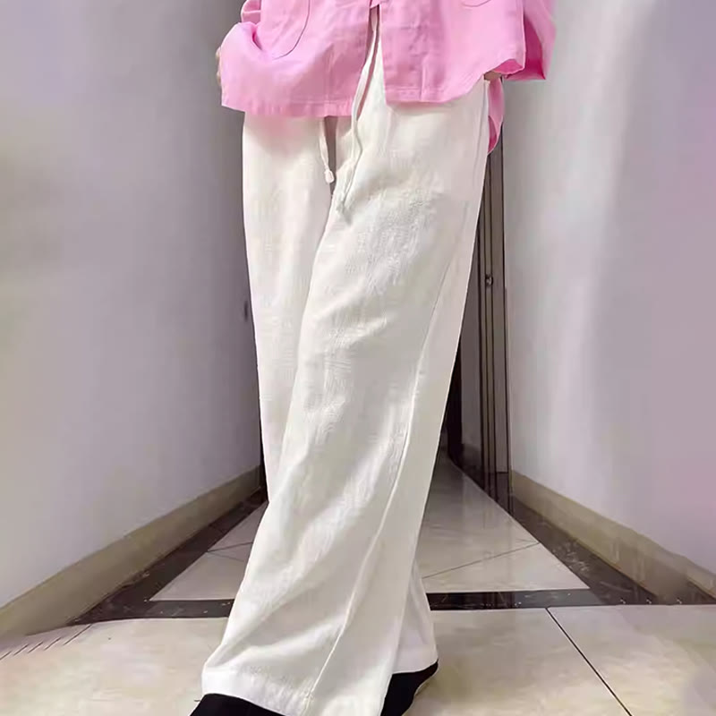 Pantaloni larghi a gamba dritta casual semplici Buddha Stones da donna in cotone ramiè con tasche - Bianco - US6， UK/AU10，EU38 (L) - image 10